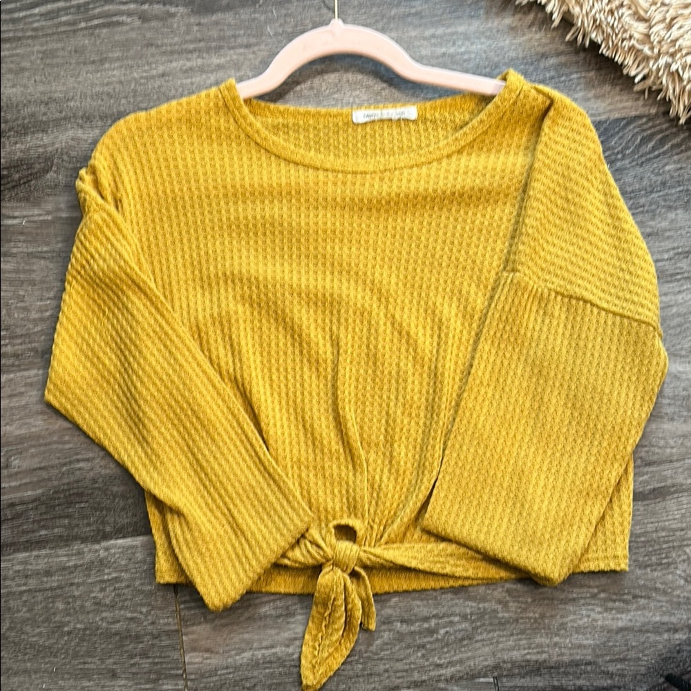 Yellow Ribbed 3/4 Sleeve Tie Front Sweatshirt